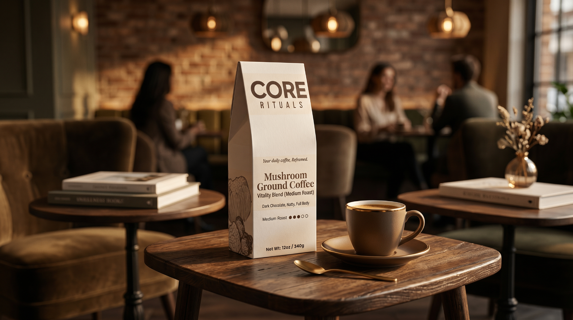 Core Rituals mushroom coffee being poured into a ceramic cup