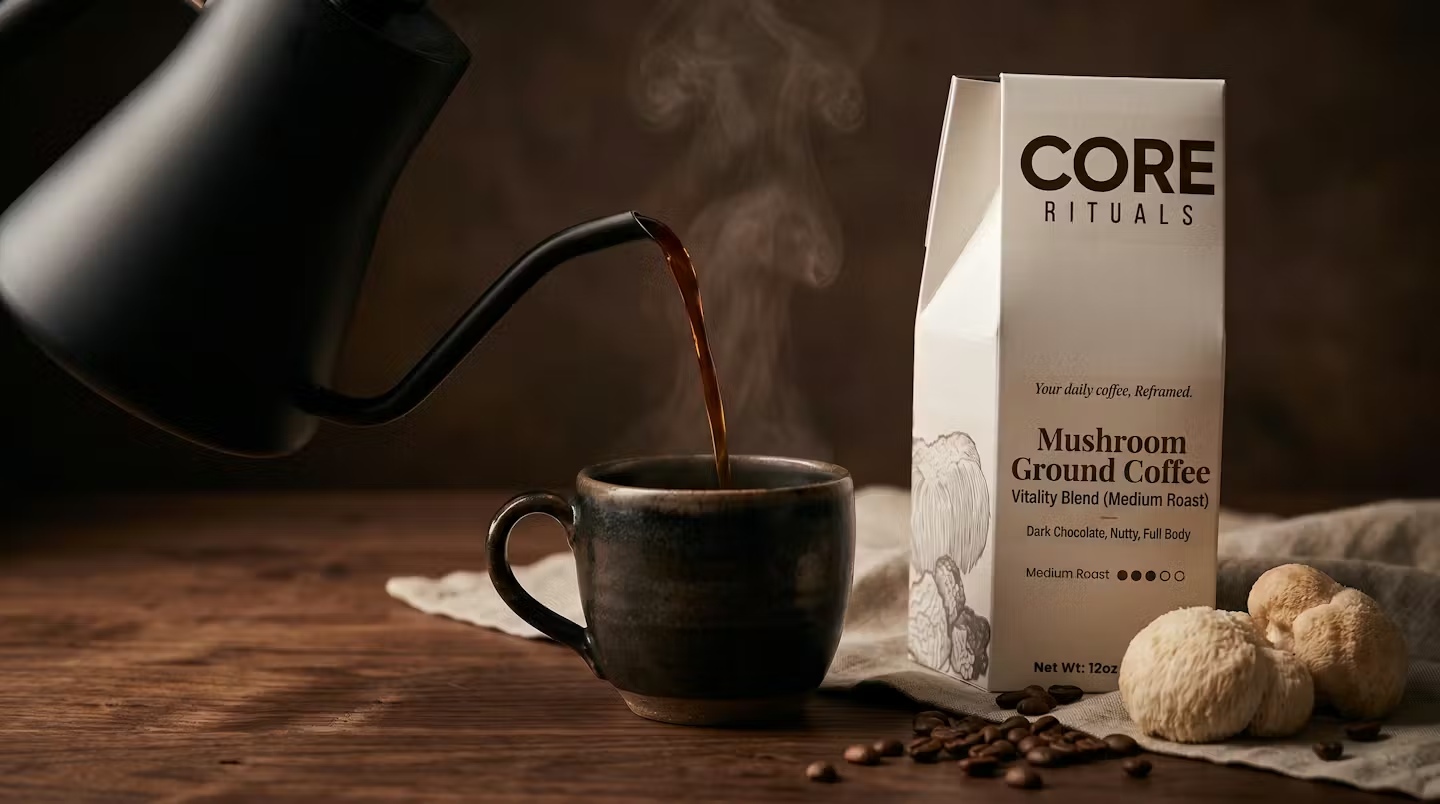 Core Rituals mushroom coffee being poured into a ceramic cup