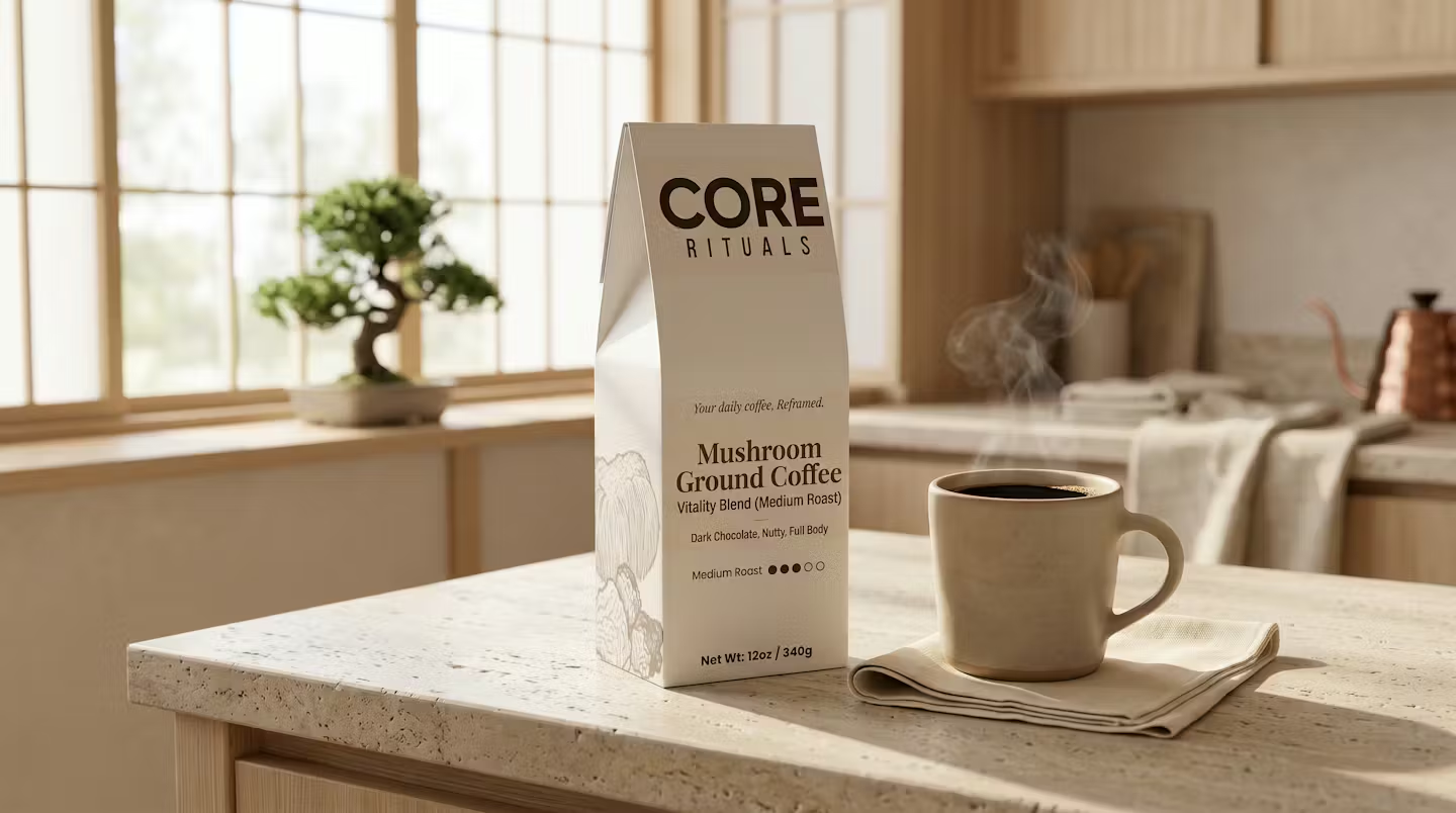 Core Rituals mushroom coffee bag beside a steaming cup on a sunlit kitchen counter