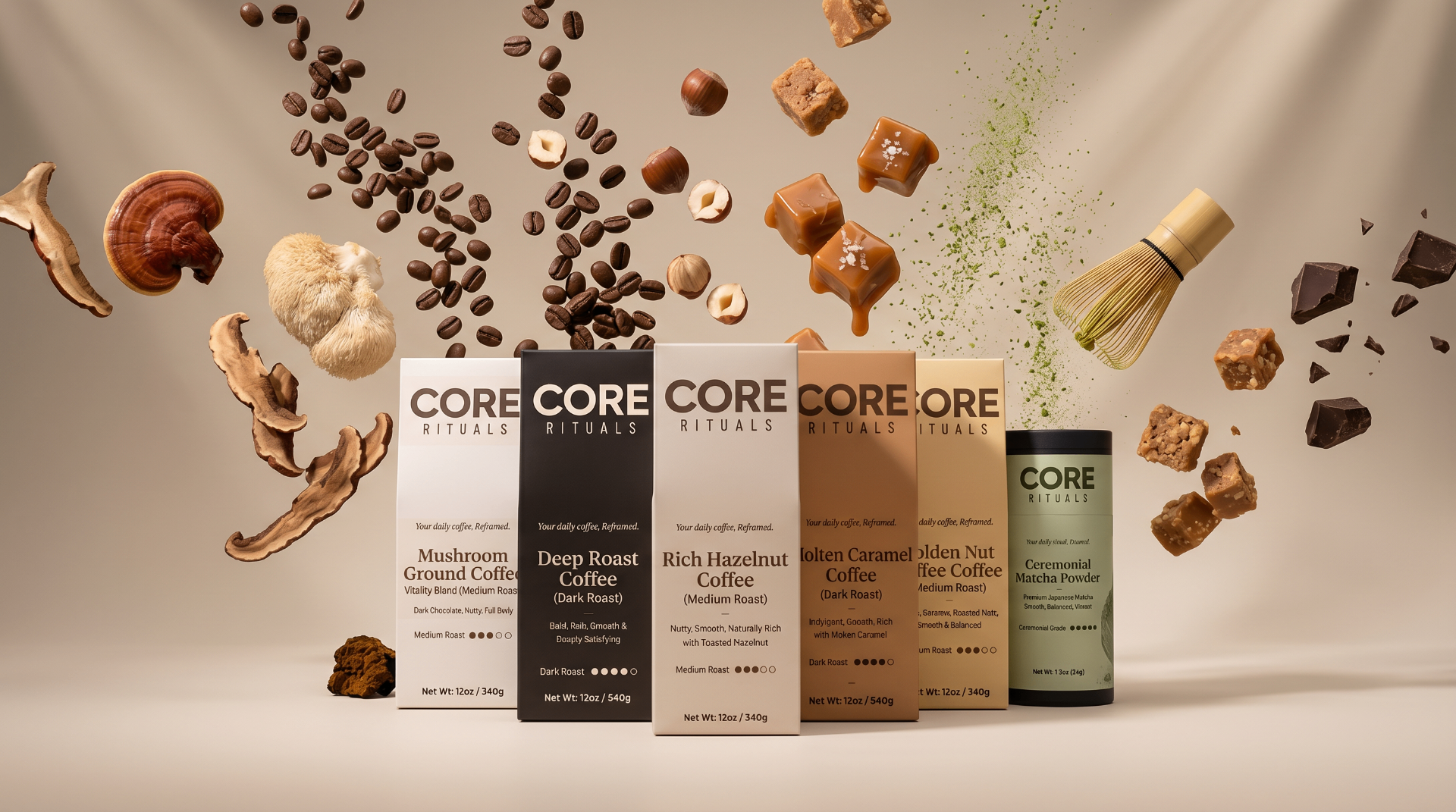 Core Rituals lineup of mushroom coffees and ceremonial matcha with floating beans, hazelnuts, caramel and chocolate